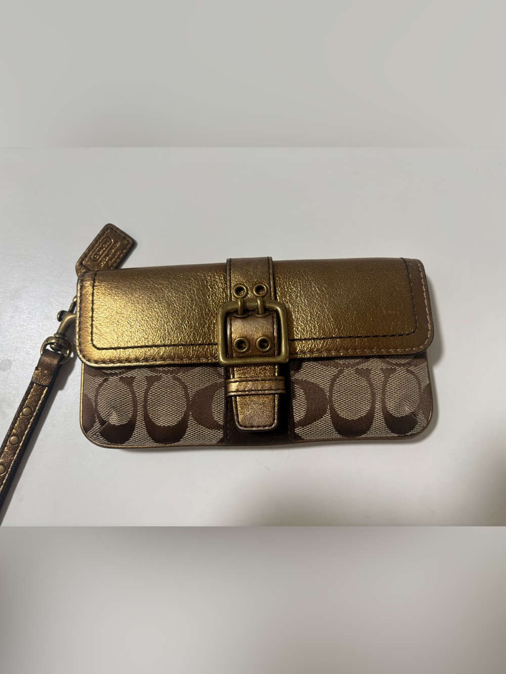 Coach Metallic Gold and Brown Signature Buckle Wallet